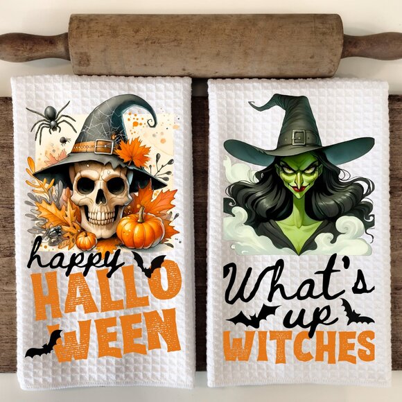 Happy Halloween Kitchen Towel, What Up Witches Towel, Halloween Dish Towel Set - Picture 1 of 10